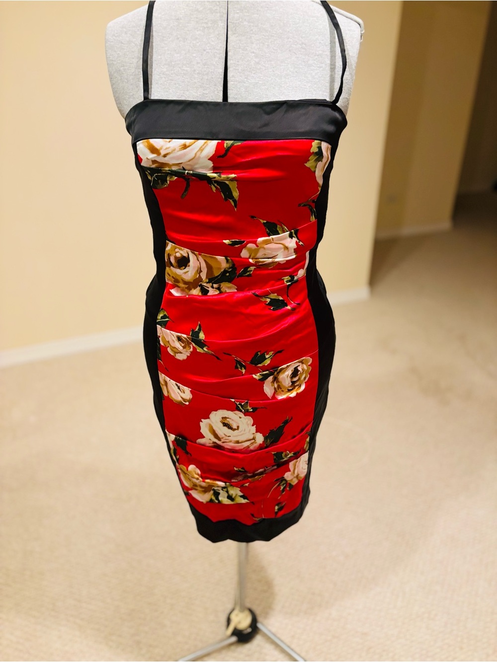 Cache Red Floral Midi Dress with Black Panels